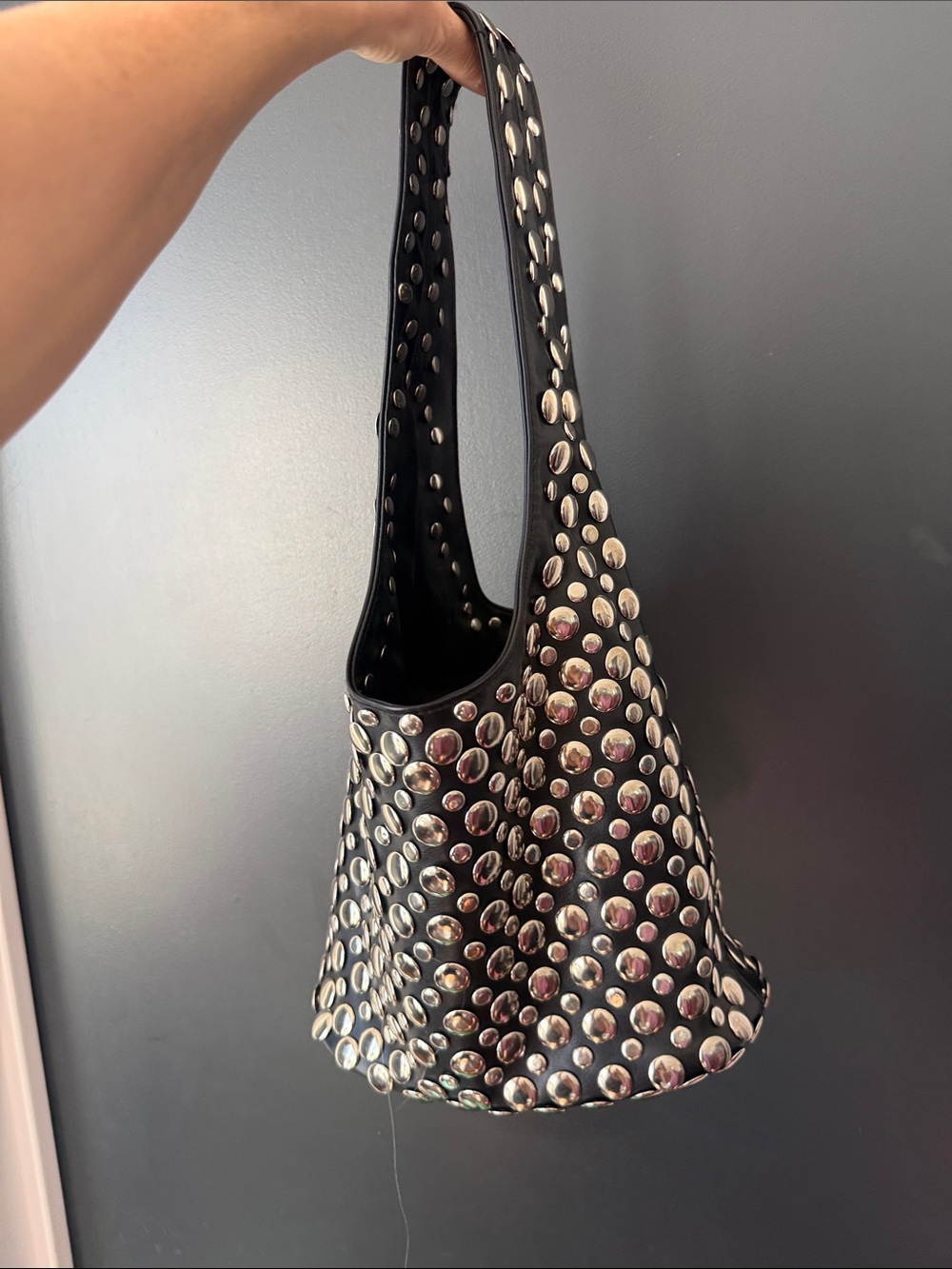 Black Studded Shoulder Bag with Silver Accents